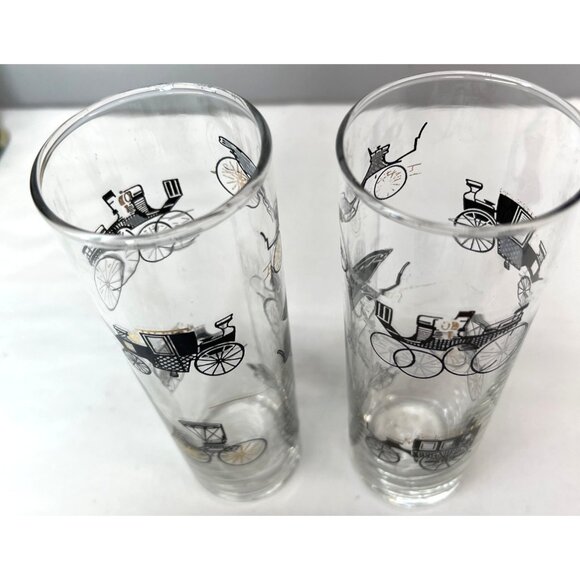 Pair Vtg LIbby Black Gold Carriage Drinking Glasses High Ball Bar Tom CollinsPre - Picture 3 of 4